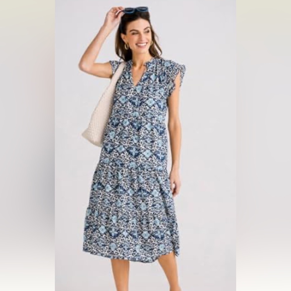 THML Blue and White Flutter Sleeve V-Neck Sundress